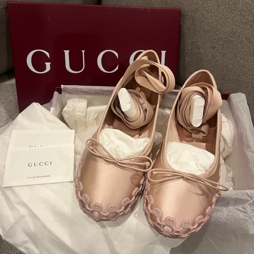 New Gucci Light Pink Ribbon Ballet Flats GG logo - Picture 2 of 15